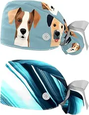 [YTYVAGT] 2-Pc,Nurse Scrub Caps,Scrub Hats with Buttons and Cotton Sweatband,Animal Dog Face Cartoon