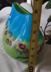 Hand Blown Vase Art Glass Rose Millefiori 8" Green Blue Vintage