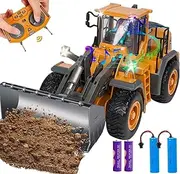 Remote Control Bulldozer Toy Truck, 1/18 Scale RC Metal Rc Front Loader 4WD Construction Vehicles for Boys Girls Kids with Rechargeable Two Battery