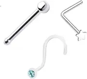 [BodyJewelryOnline] Nose L-Shape Star Design, Nose Bone And Screw Retainer With Cubic Zirconia Pack Of Three 22G