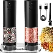 Etnirothbw Automatic Pepper Mills, Electric Salt and Pepper Grinder Set Rechargeable, 2 Pack Black with a Storing Base, 95ml-Washable Container, 5 Adjustable Coarseness Levels, LED Light, USB Charging