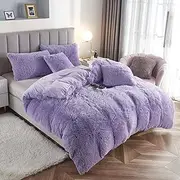 Uhamho Luxury Fluffy 1PC Solid Duvet Cover Faux Fur Plush Shaggy Quilt Cover Velvet Bedspread Zipper Closure, No Pillow Sham, No Comforter (Lilac, Queen)