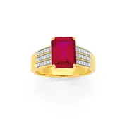 9ct Gold Created Ruby & .15ct Diamond Dress Ring in Red