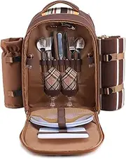apollo walker Picnic Backpack Bag for 2 Person with Cooler Compartment, Detachable Bottle/Wine Holder, Fleece Blanket, Plates and Cutlery(2 Person, Brown)