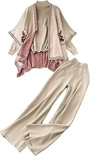 [Generic] Women's Knitwear Suits Solid Pullovers Knit Shawl Elastic High Waist Wide Legs Pants Knitted Dressy Lounge Sets