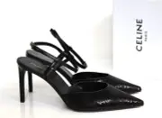 sz 7.5 / 38 CELINE Kitten Heel Black Sequins Logo Ankle Calfskin Pump Shoes