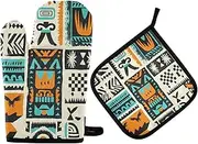 Quteprint African Ethnic Aztec Geometric Heat Resistant Oven Mitts and Pot Holders Set - 500F Thick Quilted Cotton Kitchen Gloves with Non-Slip Grip for Cooking, Baking, Grilling & BBQ