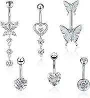 [Jokureao] 6Pcs Belly Button Bars Sterling, Belly Button Bars, Stainless Steel Heart Cubic Zirconia Belly, Dangly Belly Button Piercing Jewellery