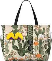 [Ghjkfbf] Green Cactus Print Large Capacity Beach Travel Bag For Family, Beach Tote Bag For Women With Zipper Pockets, Black, One Size