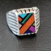 Blue Turquoise & Spiny Oyster Navajo Sterling Silver Inlay Ring Size 6 10380