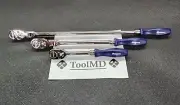 Snap-on Tools USA NEW 3pc BLUE 1/2" Drv. Fixed & Flex-Head Ratchet Set SHLFD80A