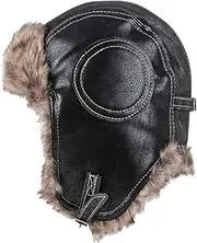 [QIWENJUN] Winter Men Hat Fashion PU Leather Men Hat Pilot Cap Outdoor Plush Warm Cap with Ear-Cap, Black, One Size