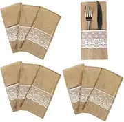 VASANA 10Pcs 11x21cm/4.3x8.27inch Burlap Utensil Tableware Holders with Lace Flower Silverware Holder Knifes Forks Bags Napkin Pouch Table Setting Decoration for Wedding Party