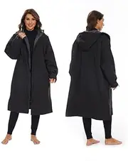 [ZONADA] Adult/Teen Unisex Deck Coat Swimming Parka Coat Water Proof Wind Proof Thick Terry towelling inside Hooded Cloak Long Sleeve(black-grey-Medium)