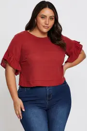Brown Shell Top Short Sleeve Linen Blend Frill