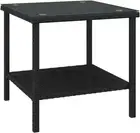 Black Poly Rattan Side Table with Tempered Glass Top and Storage Shelf -