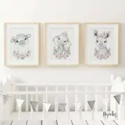 Nursery Wall Art Prints Bedroom Elephant Rhino Hippo Set of three floral Purple