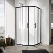 ELEGANT Corner Shower Enclosure with Acrylic Shower Base in Black Framed Bath Screen Sliding Door with White Shower Waste 90x90cm