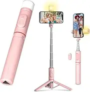 All-in-1 Selfie Stick Tripod With Light for iPhone, Samsung, and Android Phones - Extendable Mobile Phone Tripod With Wireless Remote, Pink