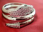 Chic Polish Silver Plated Snake Style Silver/ Pink Crystal Hinge Bangle Bracelet