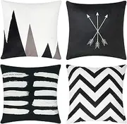 [MOCOFO] Set of 4 Decorative Pillowcase Cotton Linen Cushion Covers with Modern Geometric Design for Children's Room,Living Room,Sofa,Office (Black，45x45cm)