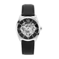 在飛比找momo購物網優惠-【GUESS】銀色系 三眼日期顯示腕錶 鏤空錶盤 黑色亮皮革