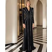 Black Tie Crystal-embellished Gala Dress Sheath / Column Evening Gown Tuxedo Dress Formal Evening Party Floor Length Long Sleeve V Neck Polyester with Crystals