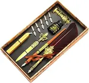 lahomia Vintage Style Calligraphy Quill Pen and Ink Set Feather Dip Pen Kit with 5 Replacement Nibs Letter Opener for Gift Elders Teachers, Wine Red