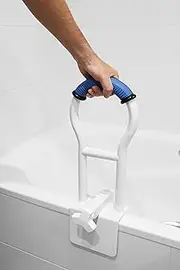 KMINA - Padded Bathtub Entry and Exit Aid for Seniors, White Bathroom Grab Handle, Blue Bath Handles
