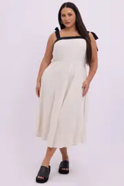 Beige Midi Dress Sleeveless Contrast Shoulder Tie