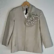 NEW Poleci Tan Blazer Embellished Front Collar Snap Close Minimalist Twee Preppy