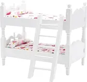 Tiny Toys Doll Bunk Bed 1:12 Scale Wooden Dollhouse Bed with Ladder and Floral Beddings Realistic Doll Bed Dolls House Furniture for Dollhouse Accessories White