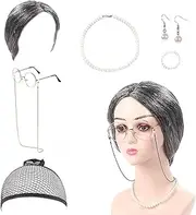 LYSAIMG Grandma Old Lady Dress Up Set 7Pc, Grandma Cosplay Set,Funny Old Lady Dress Up Set Include Wig Caps Pearl Necklace Eye Glasses Chain,for Kid Women Halloween Dress Up Party(Dark Gray)
