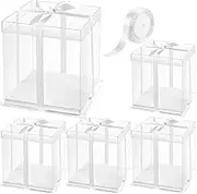 Ocmoiy 8 × 8 × 9 In. Clear Cake Box with Ribbon, 5 Pcs White Disposable Cake Carrier with lid for 2-Layer Cake Holder, Display and Gift Packaging