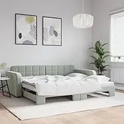 'vidaXL Velvet Daybed with Trundle, 2-in-1 Sofa Bed & Guest Bed, Solid Wood & Metal Frame, Light Grey, 90x190 cm, Modern Design, Assembly Required, Living Room & Bedroom Furniture
