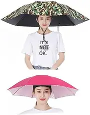 [MTSDM] 2Pcs Umbrella Hat, 27 Inch and 35.4 Inch Portable Waterproof Sun Protection Rain Umbrella with Adjustable Headband, Hands Free Foldable UV Hat for Fishing Golf Camping Beach Gardening Sunshade