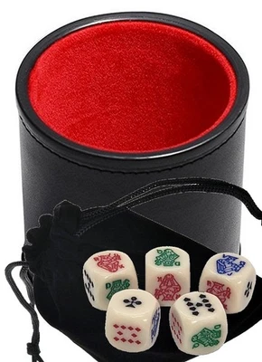 Poker Dice Rounded Corners Ivory Tone w/Pouch + PU Leather Red Felt Lined Cup