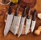 Custom Handmade Damascus Steel Kitchen Chef Knife Set / With Leather Bag