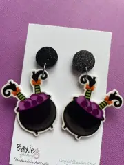Witch Legs In Cauldron Halloween Dangle Earrings, Teacher, Surgical Steel Stud