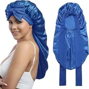 Coehaopike 2PCS Long Satin Bonnet for Women - Double Layer Elastic Silk Bonnet for Braids Hair Sleeping Cap with Tie Band (Blue)