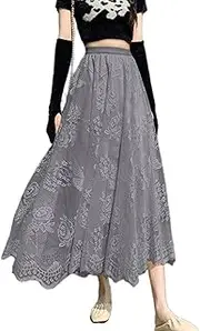 [Kisidoo] Women's Lace Long Skirts - Elastic Waist Asymmetrical Layered Hem Sexy See-Through Beach Floral Maxi Tutu Tulle Skirts