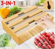 Bamboo Food Wrap Dispenser Cutter Foil Cling Film Storage Holder Box 3 Grids