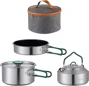Pegciuho Camping Cooking Set with 3 Pieces, Stainless Steel Cookware, Storage Bag, Pot, Pan, Kettle for Outdoor