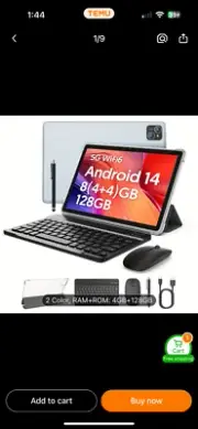 10.1" Android 14 Tablet with 4GB RAM+128GB ROM (Expandable to 1TB), Octa-Core Pr