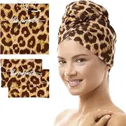 Hair Towel and Curl Scrunching Towel Set for Curly Hair Women and Girls - Wet Plopping SOTC & Micro-Plop - 1 Large Hair Wrap Towel Turban + 2 Small Towels - The Perfect Haircare (Leopard)