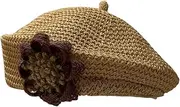 [HUSSATOP] Women Summer French Beret Lady Slouchy Crochet Beret Hats 3D Flower Artist Painters Woven Beach Beanie Cap