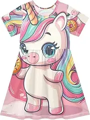[RPLIFE] Girls Short Sleeve Dress Cartoon Unicorn Dancing Pose Toddler Summer Sundress Playwear Colorful Outfits 2T-8T, Cartoon Unicorn Dancing Pose, 3 Years