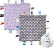 CREVENT Tag Security Blankets for Babies, Soft Small Loveys for Girls, Baby Comforter Sensory Blanket, Great Gifts for Birthday Baby Shower 10"X10" (Grey + Purple)
