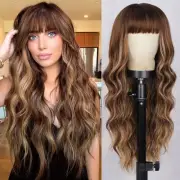 Wigs with Bangs Brown Highlight Wigs for Women Long Wavy Wigs with Dark Roots...