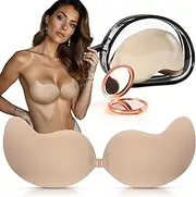 [YESINDEED] Strapless Sticky Bra Push-Up: Invisible, Backless Adhesive with Lift, Reusable Nipple Covers - Bonus Makeup Mirror